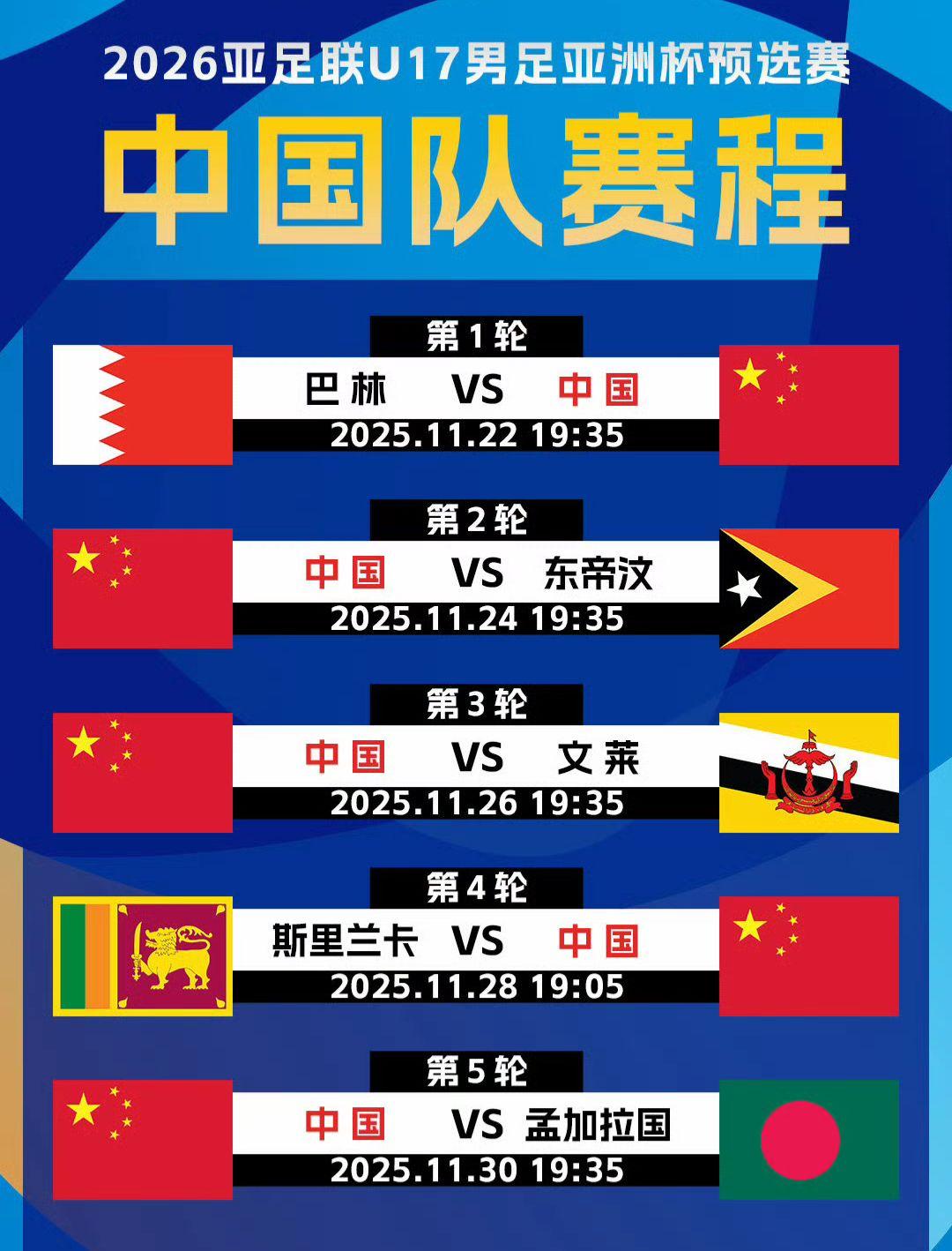 2026年u17亚洲杯预选赛，u17国少将会在重庆铜梁对阵巴林、东帝汶...
