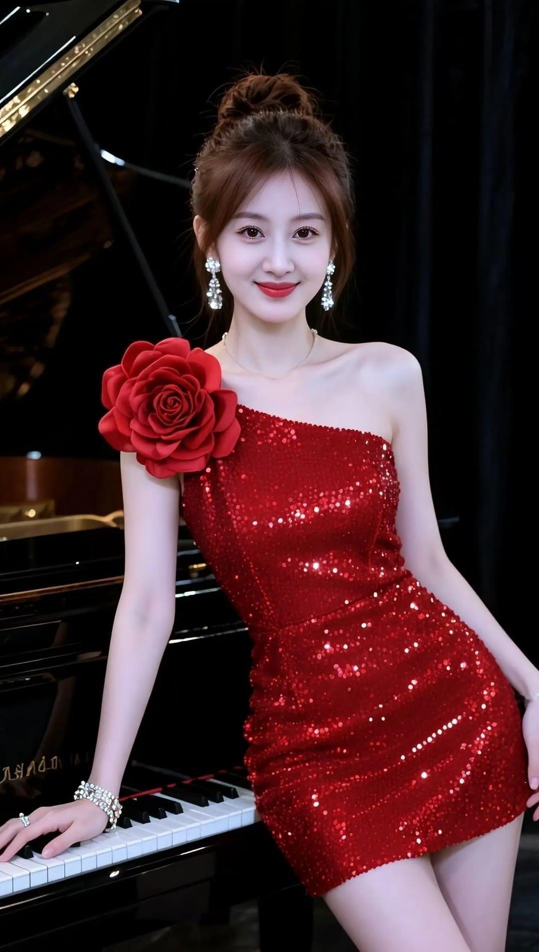 红衣美人与钢琴的浪漫邂逅🎹✨