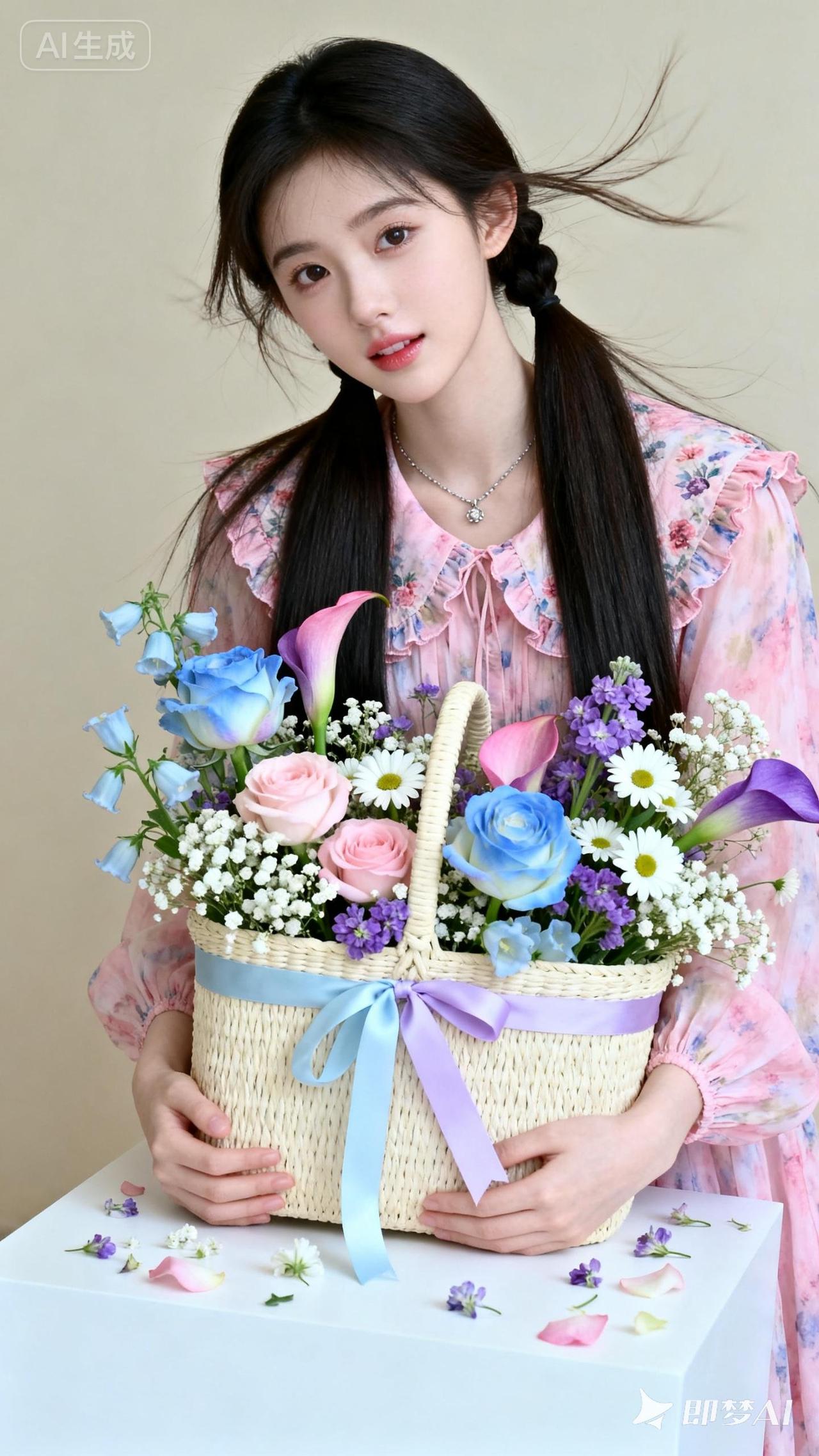 东方美女，网感幼态脸，冷白陶瓷肌，中分甜妹编发，粉色晕染长裙。抱浅蓝紫调花束，侧