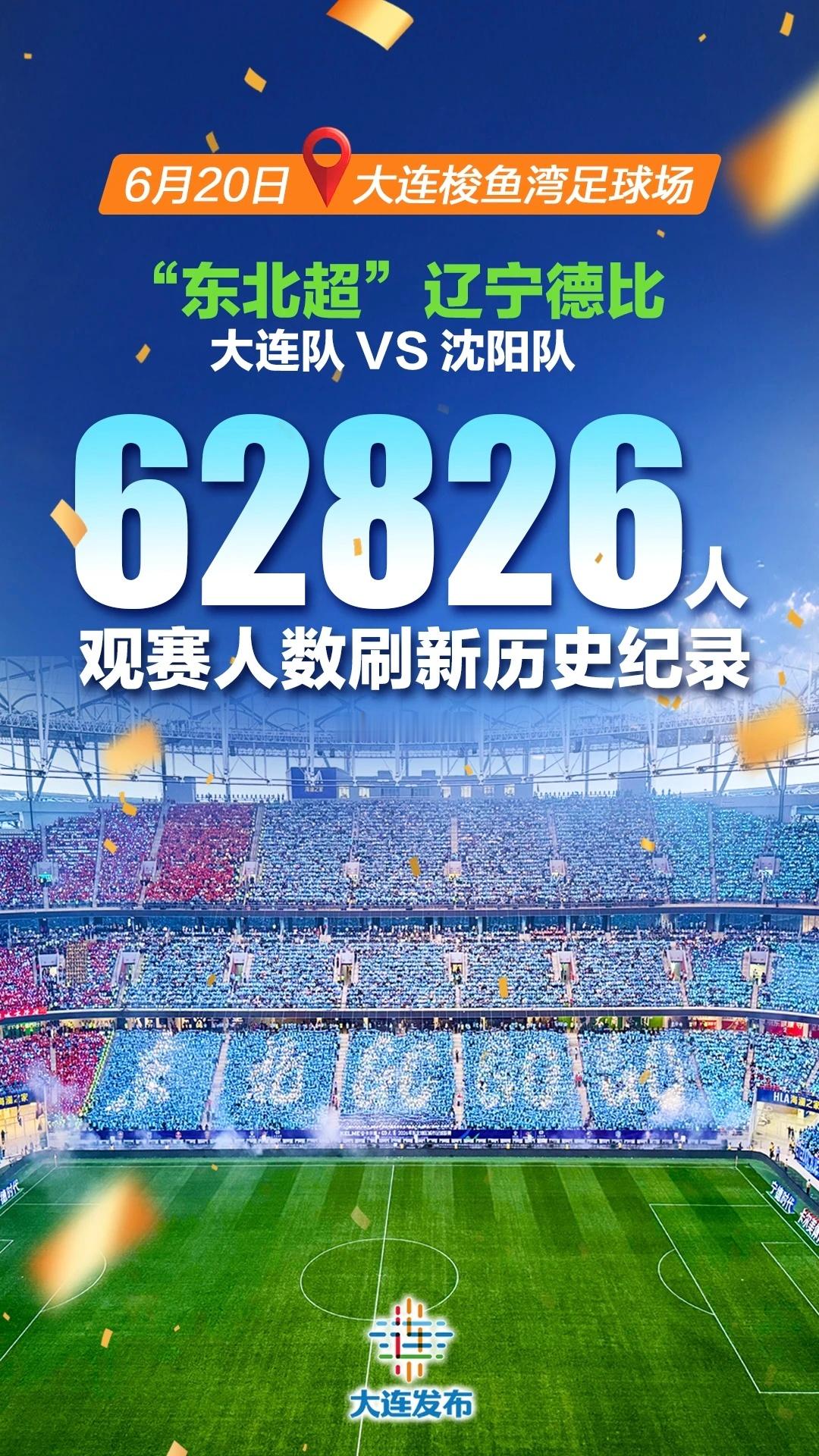 大连队1-1战平沈阳队。值得一提的是，本场比赛共有62826名球迷到场观赛，创本