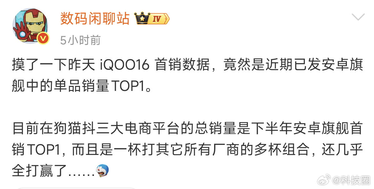 iQOO16这首销成绩确实挺不错的，5999国补后5499还是骁龙8EE6，起步