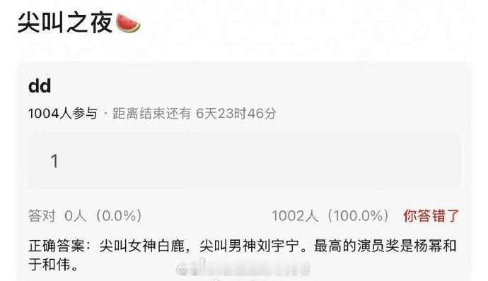 🍉：尖叫女神白鹿、尖叫男神刘宇宁