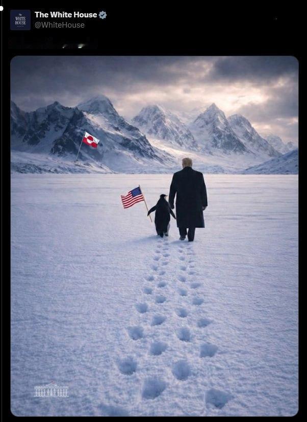 “拥抱企鹅”——白宫发布了一张AI图片，配文写着“拥抱企鹅”，画面中特朗普正牵着