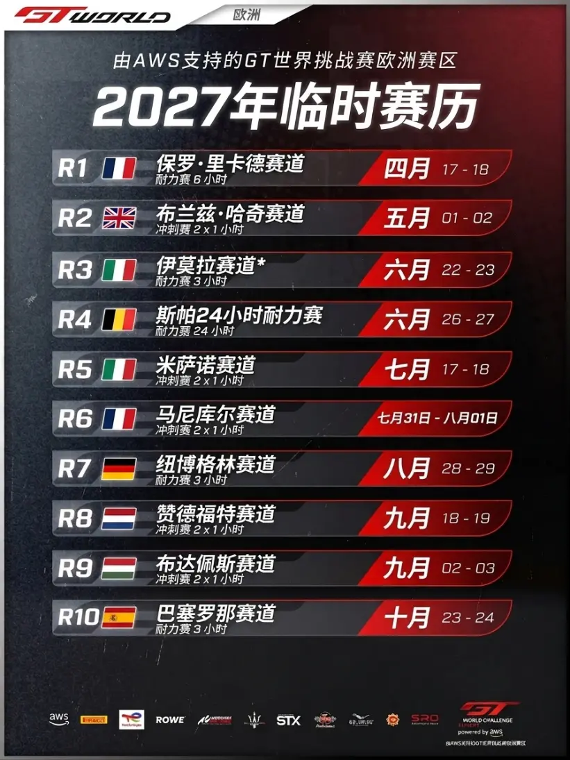 GTWC欧洲赛区2027年赛历