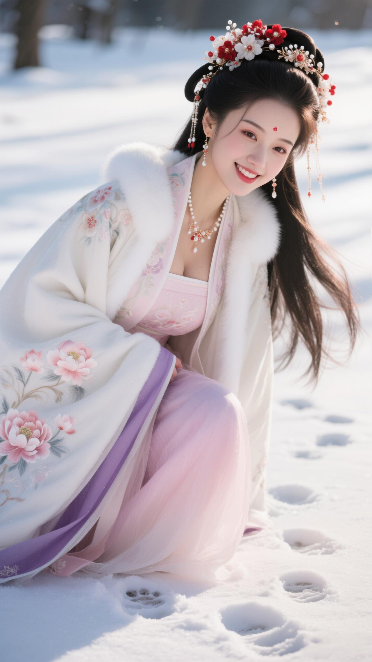 鹧鸪天·雪苑娇容
 
罗袂生香卧雪垠，粉绡轻覆玉光匀。花簪暗缀玲珑韵，裘氅明承暖