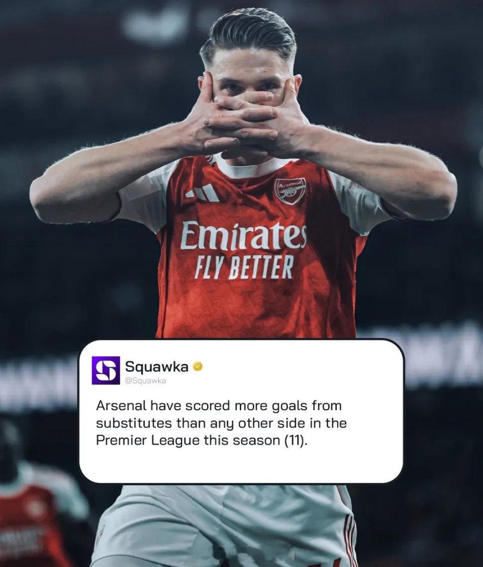 Squawka统计，阿森纳本赛季在英超已经通过替补登场的球员打进11球，分别是：