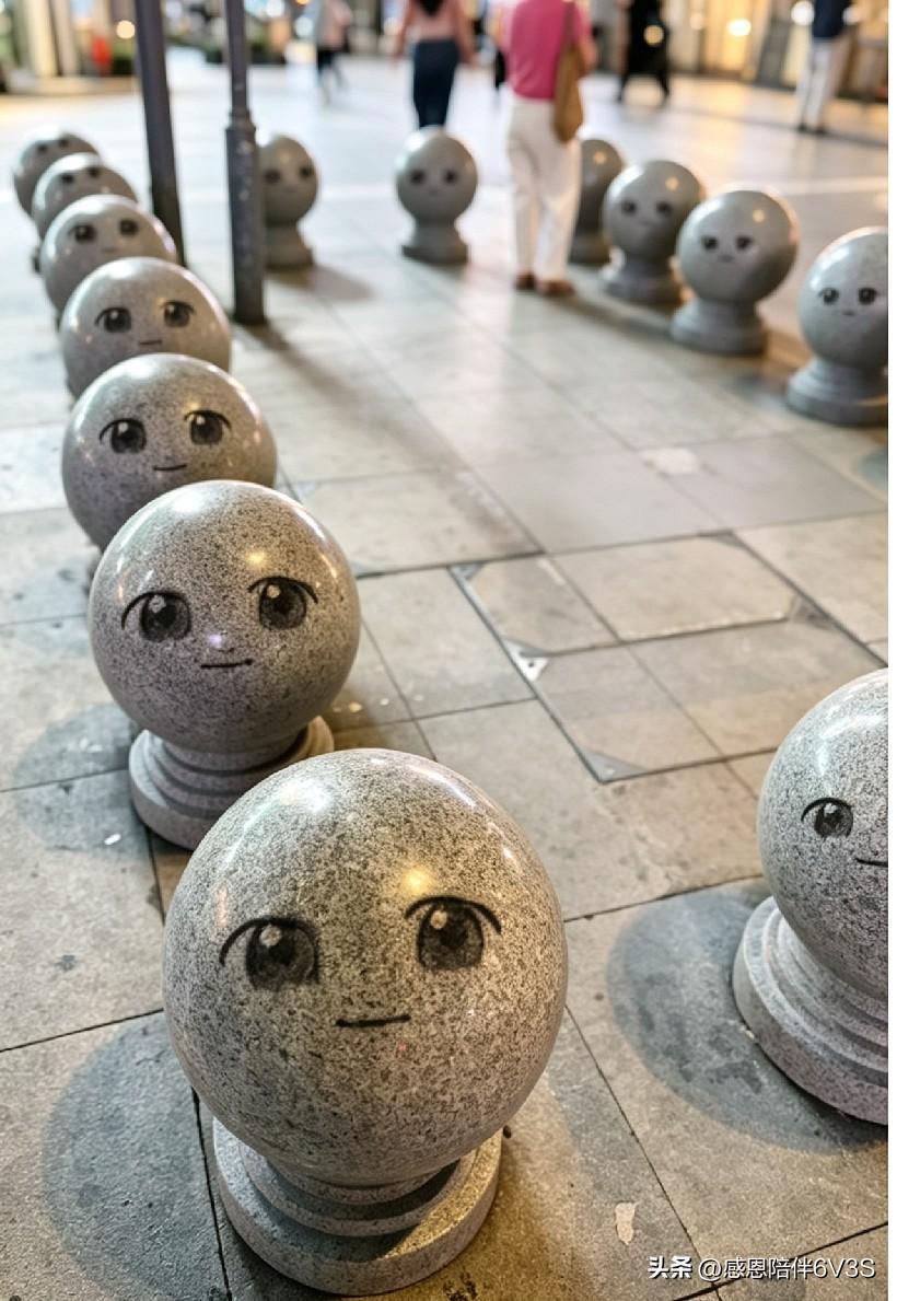 谁路过能忍住不看！马路边的隔离石墩画上了萌萌脸蛋，一排静静站着，神态淡淡。你在路