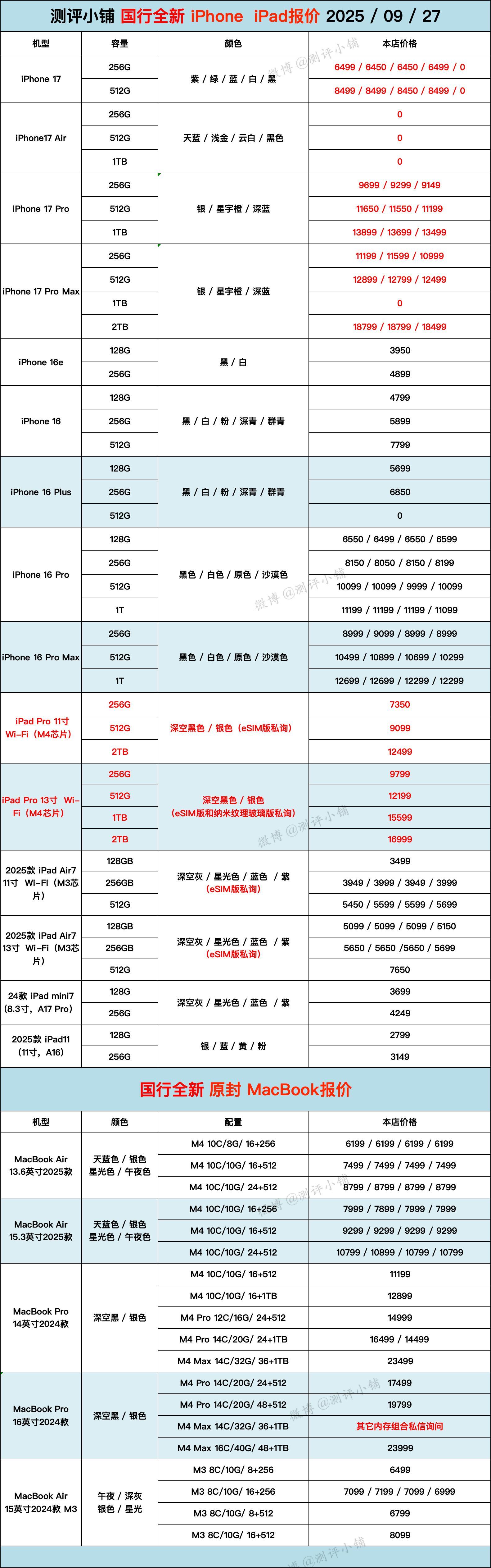 iPhone17系列更新，小米17，小米17 Pro系列部分颜色内存有货，私询。