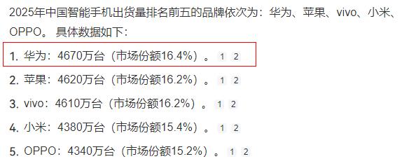 2025年中国市场手机出货量排名，这数据属实吗？跟你和你身边亲友使用手机的情况是