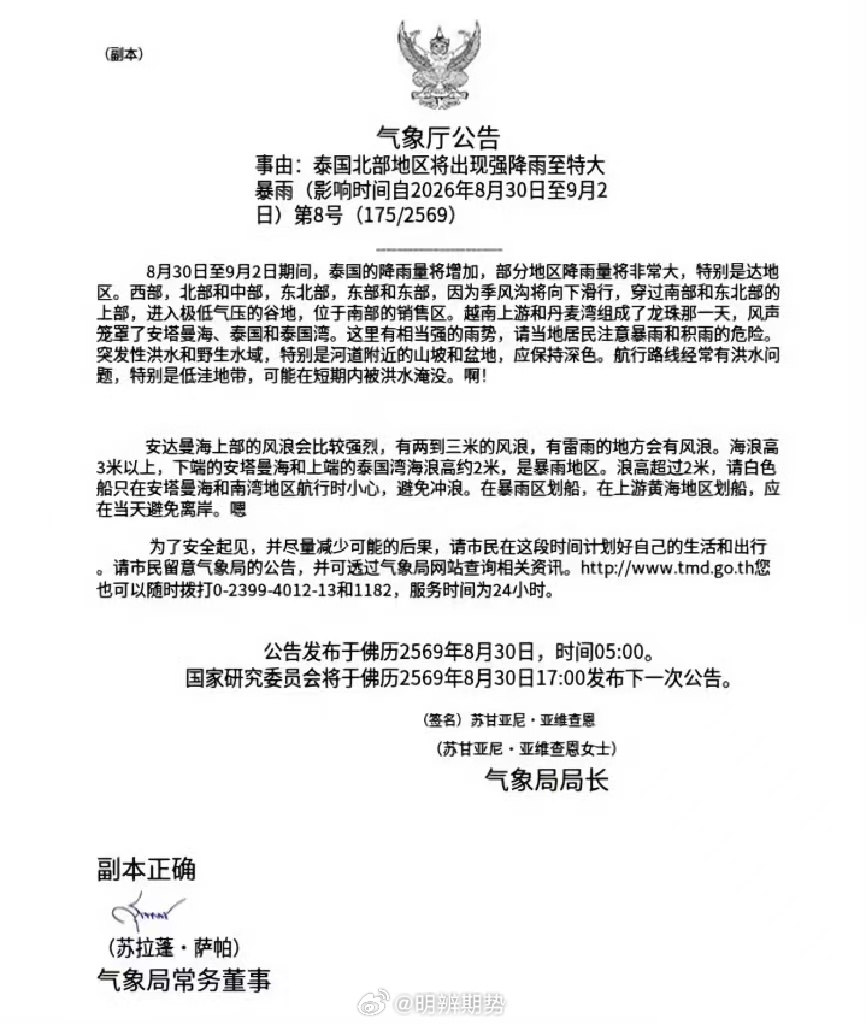 泰国气象厅预警：8月30 日-9月2日国内多地遭遇强降雨至特大暴雨。期货﻿ ​​