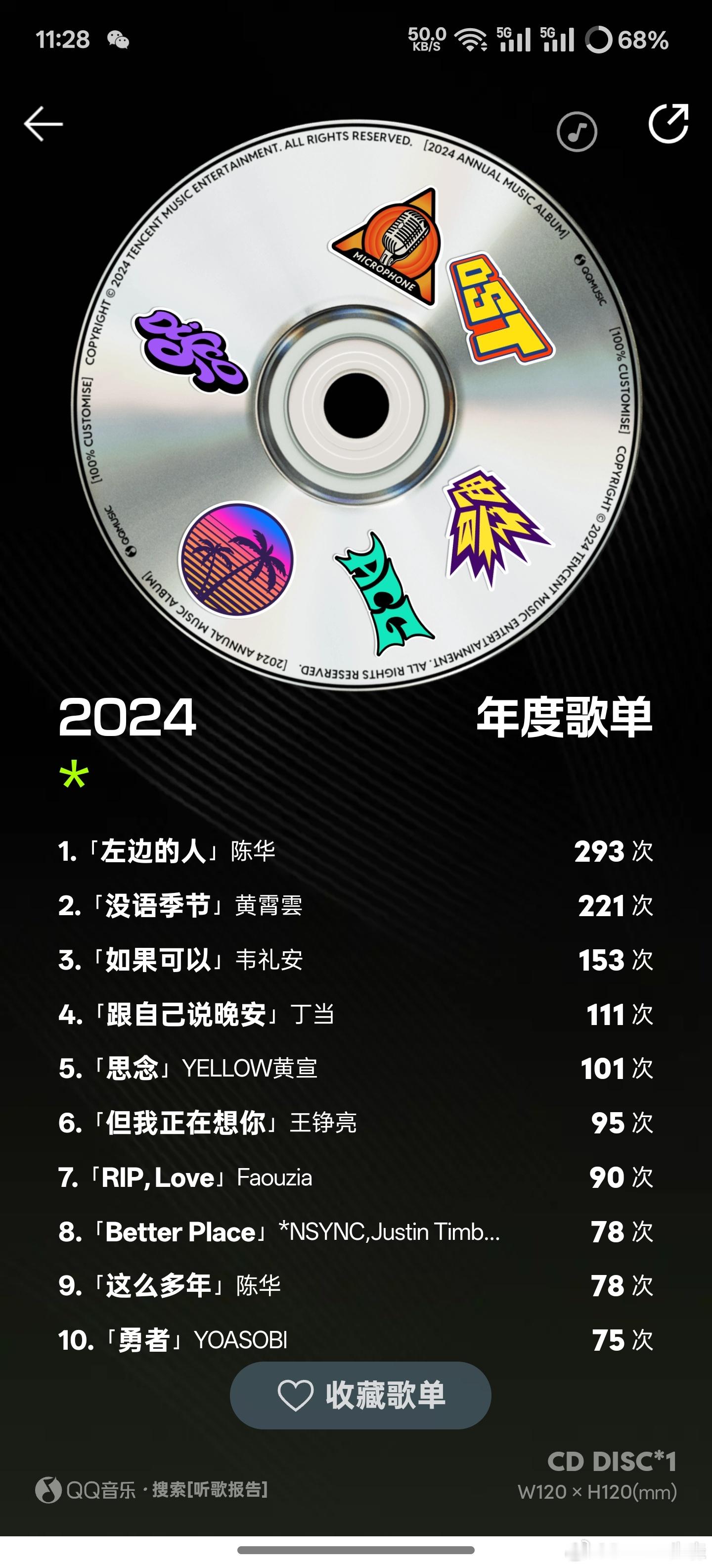 QQ音乐年度歌单，其实我不记得第一名有听过这么多遍，不过飞机上听慢歌是比较容易容
