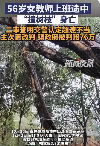 56岁女老师骑电动车上班时撞上了路边的树枝身亡！政府被判赔偿76万！
2024年