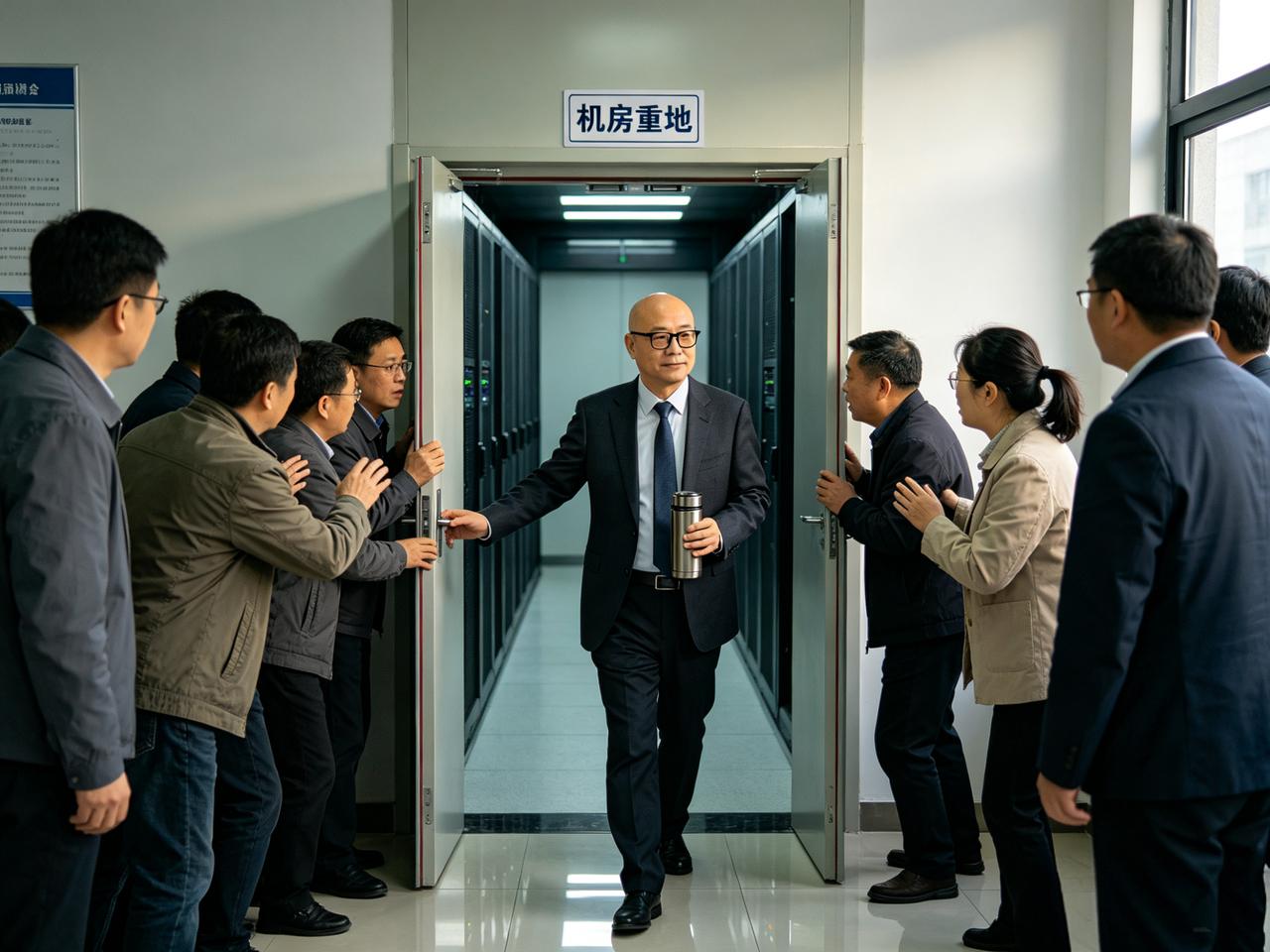 公司新来的运维总监老赵，四十出头，秃顶，黑框眼镜，西装革履，手里永远端着个保温杯