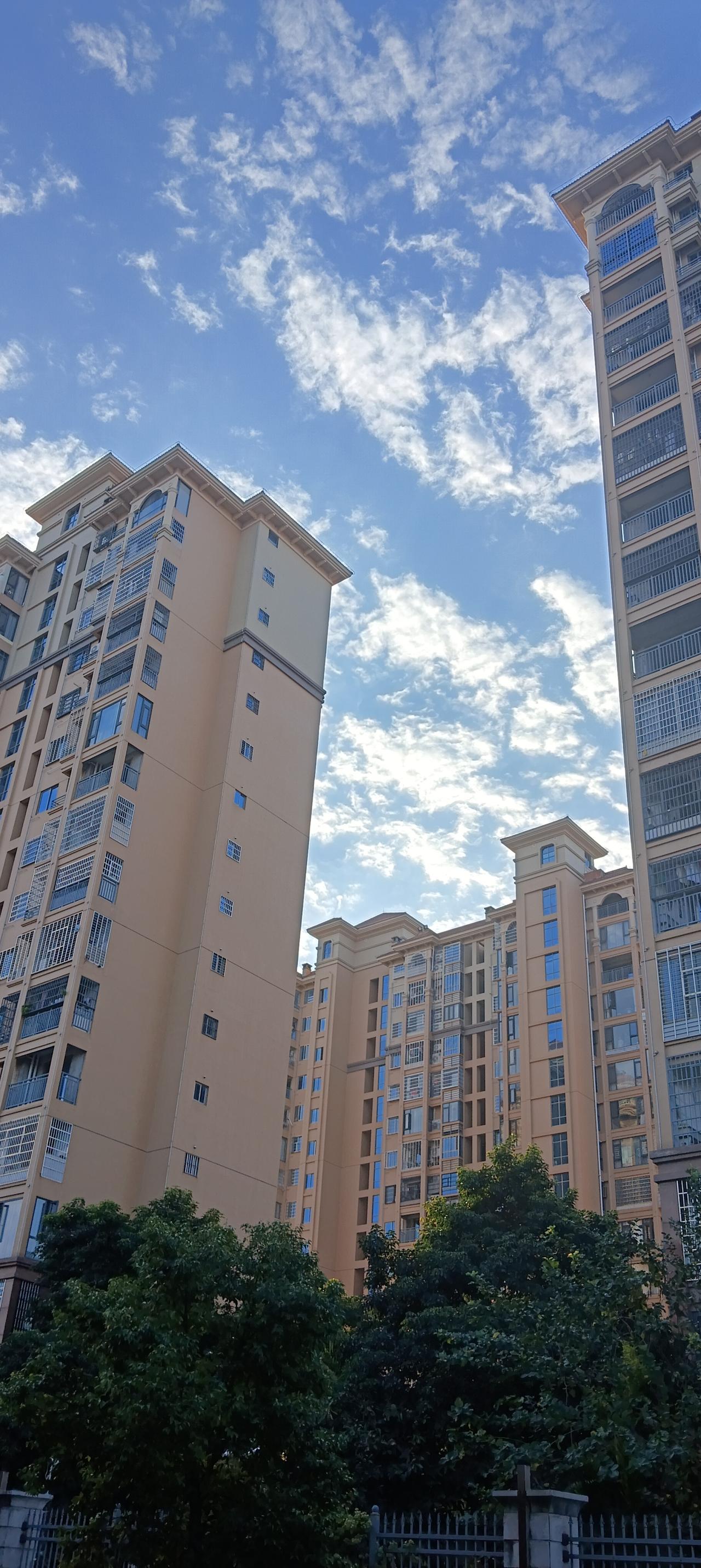 冬天的早晨，阳光明媚，稀云漂浮。