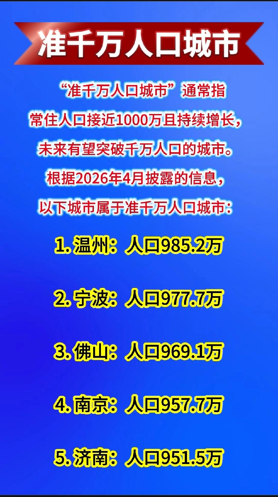 准千万人口城市

“准千万人口城市”通常指常住人口接近1000万且持续增长，未来