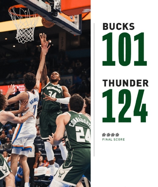 #雄鹿vs雷霆##NBA季前赛# NBA季前赛，雄鹿101-124不敌雷霆字母哥