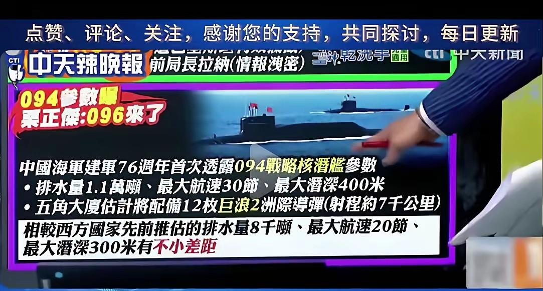 我国首度公开094核潜艇参数，与之前西方估算的排水量8000吨，航速20节，最大
