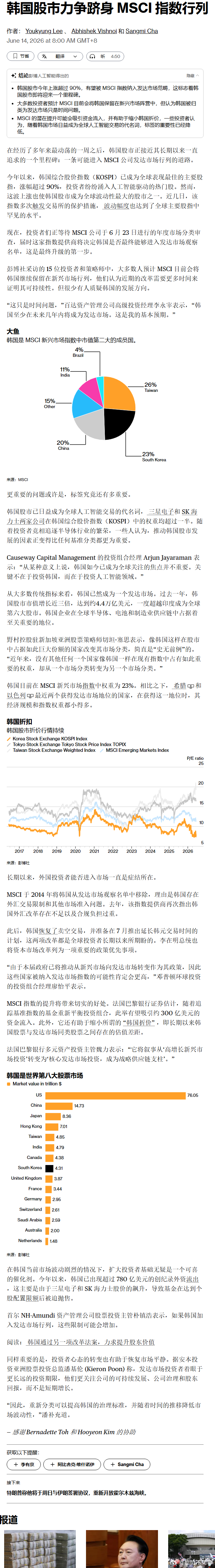 韩国股市今年上涨超过 90%，有望被 MSCI 指数纳入发达市场范畴，这标志着韩