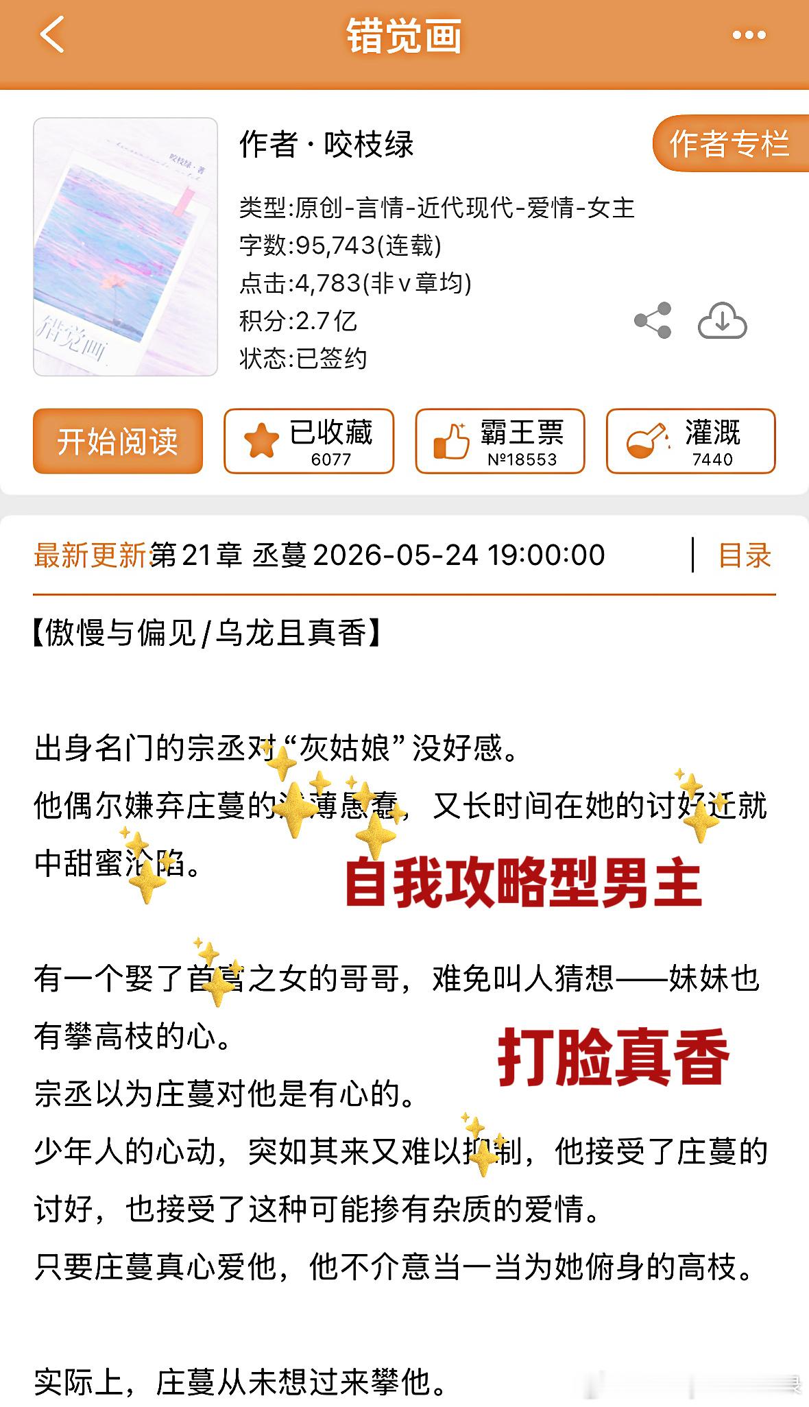 推文  咬枝绿的新文《错觉画》正文完结了，篇幅比我想象中短很多欸。言情小说推荐