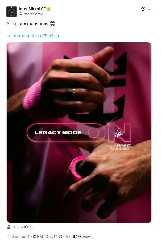 【再战一年&主打陪伴】💥迈阿密国际官方社媒宣布，苏亚雷斯续约一年！❤不出意外，