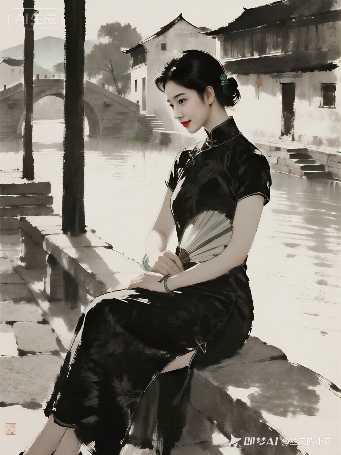 古典美人倚桥畔，水墨江南韵味浓。