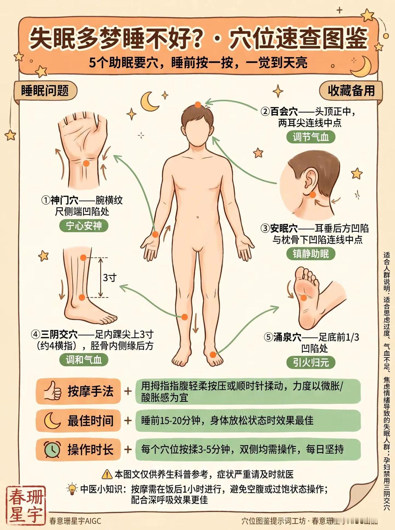 失眠多梦睡不好，身上这3个“助眠开关”。✨神门穴——手腕小指侧凹陷，宁心安神✨百