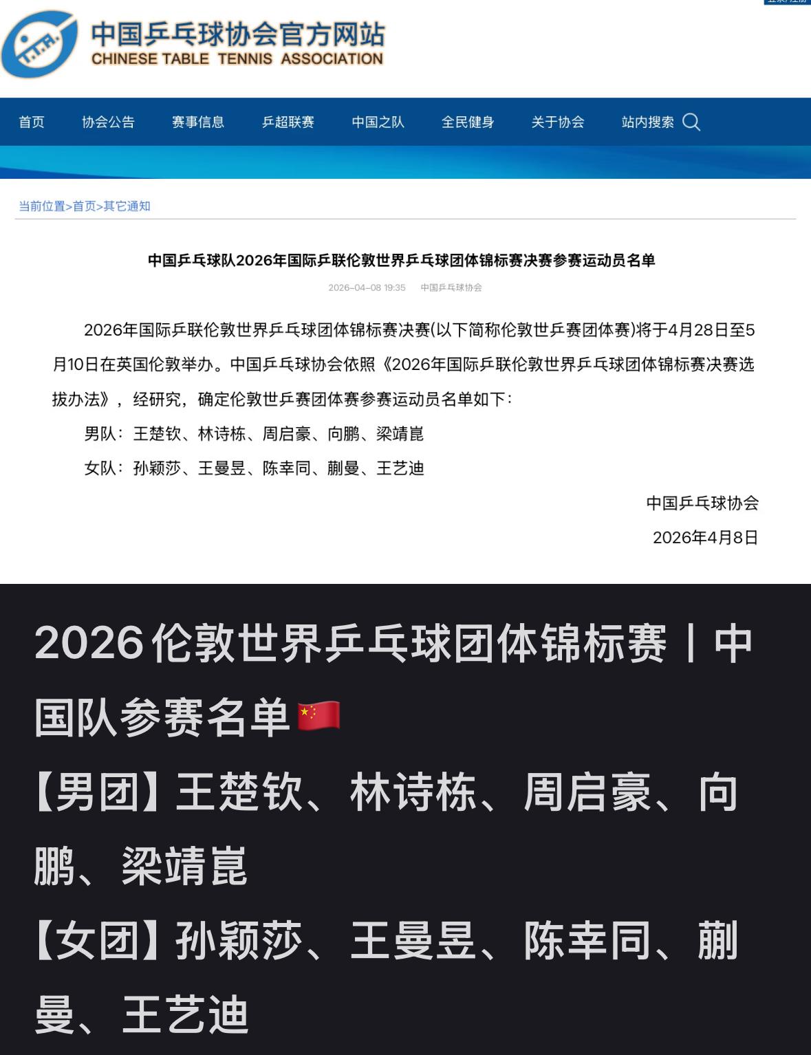 最好的决定——梁靖崑参加伦敦团体世乒赛值得信任！
2026伦敦团体世乒赛参赛名单