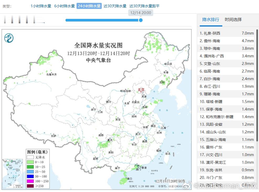 【降水先少后多】昨晚到今天我国的降水缩减。明天降水依然稀少，新疆北部和西部、黑龙