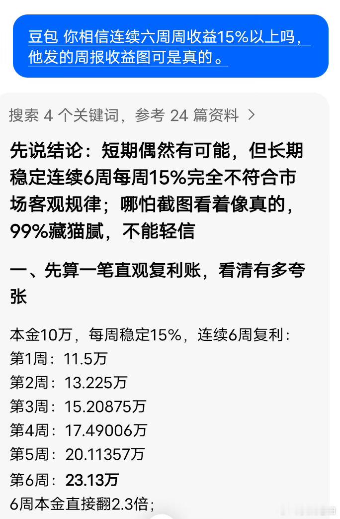 我的一个朋友看我发的帖子里的周收益，问豆包后截图发给我的 