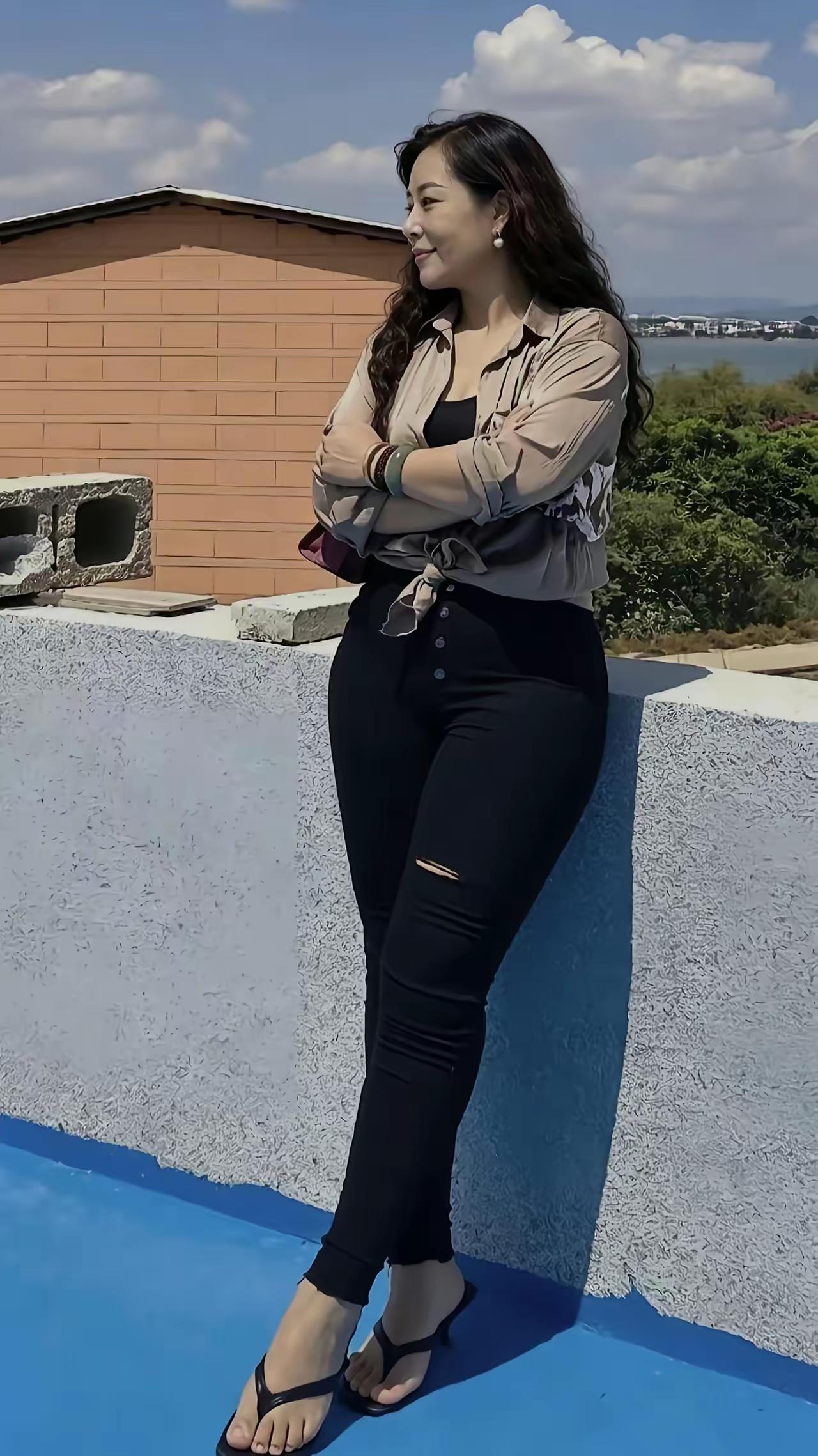 精心巧妆扮，
户外孤身站。
垂首若有思，
与卿今会面。