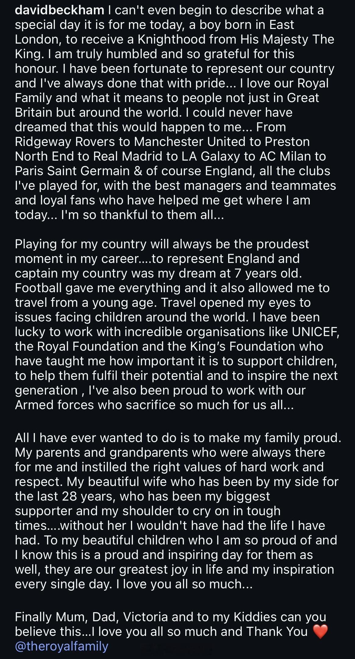 大卫贝克汉姆爵士发了个小作文感叹，太长了自己看字体会他的喜悦吧😀他这个出生在东