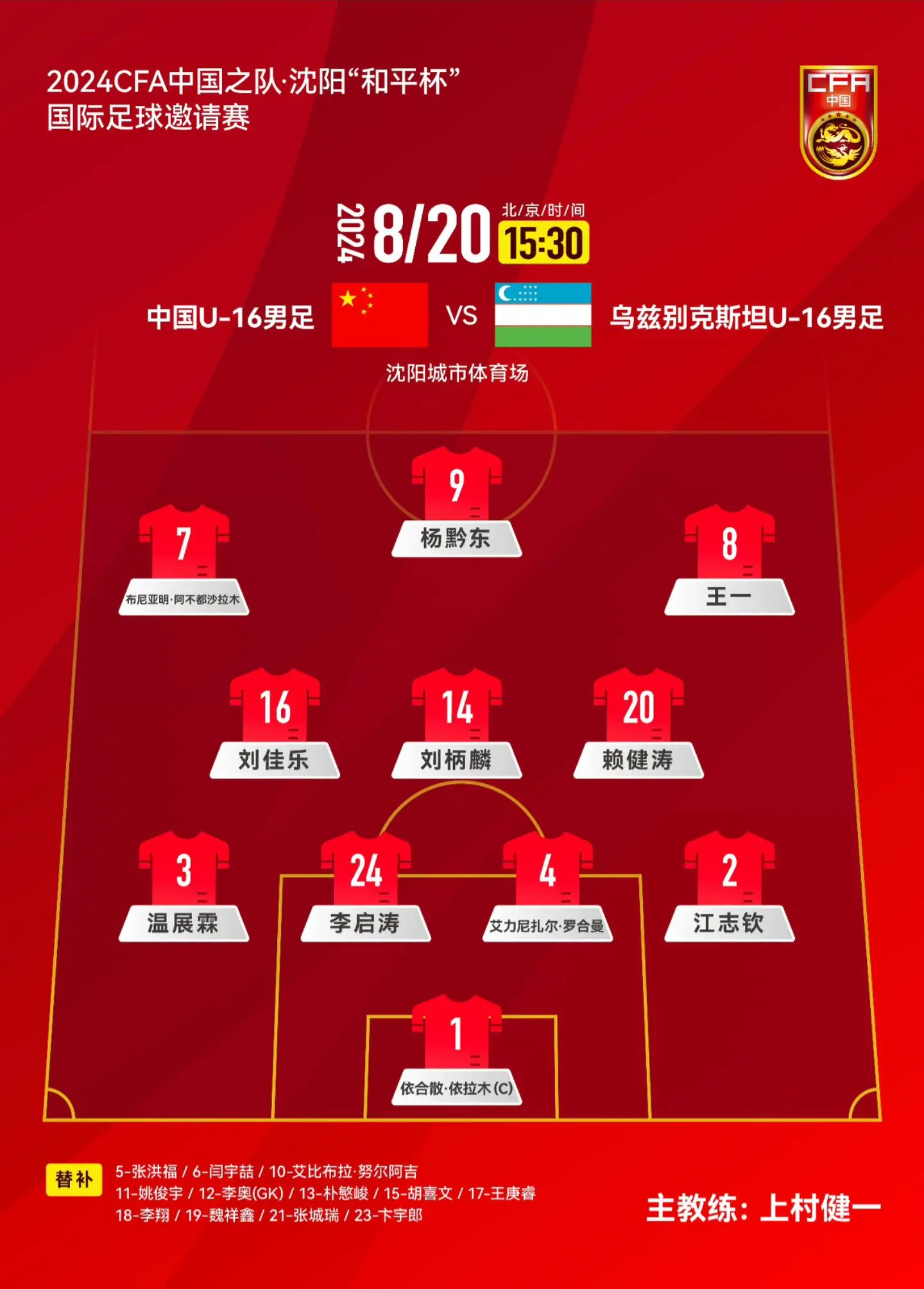 2024CFA中国之队·沈阳“和平杯”国际足球邀请赛中国U-16男足 ...