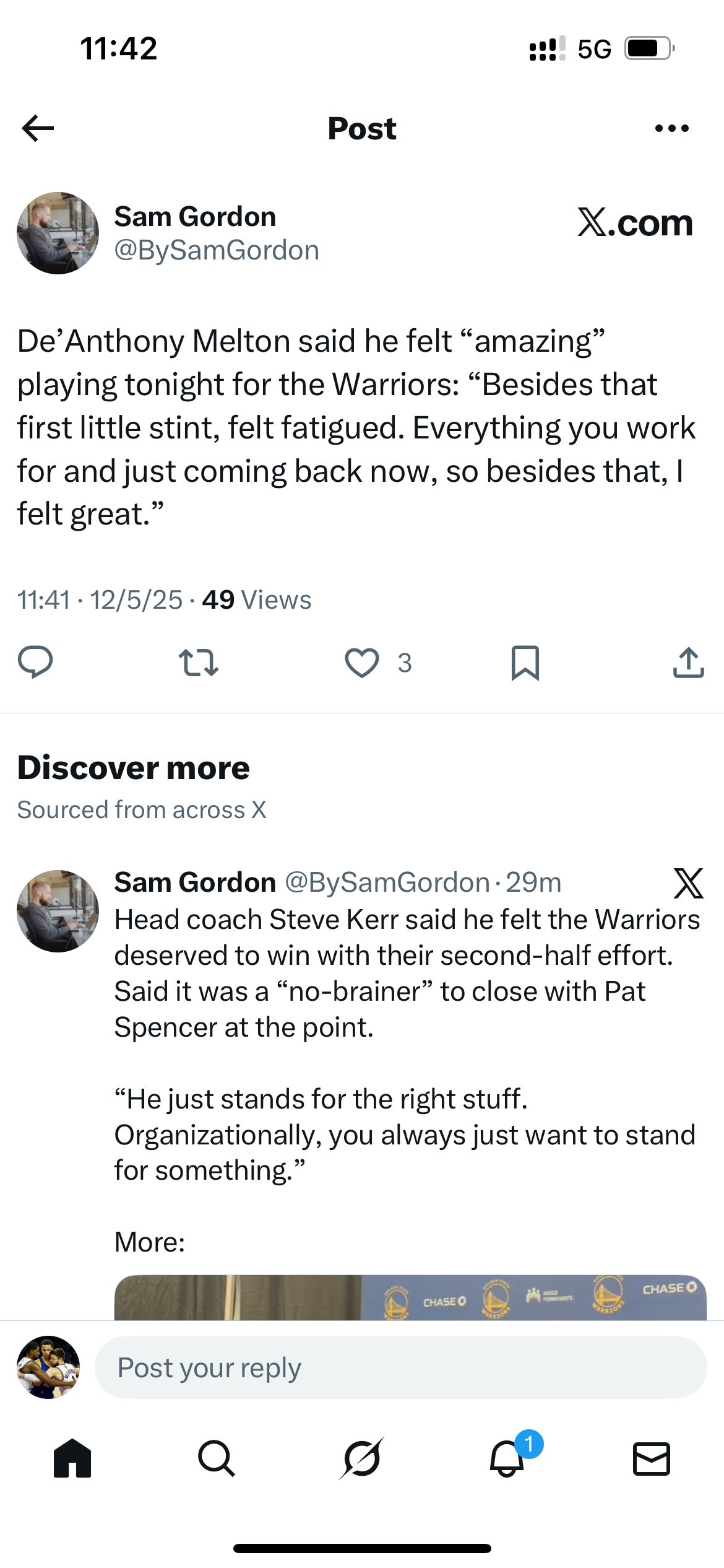 德安东尼·梅尔顿表示，今晚为勇士出战让他感觉“非常棒”：“除了第一段上场时间有点