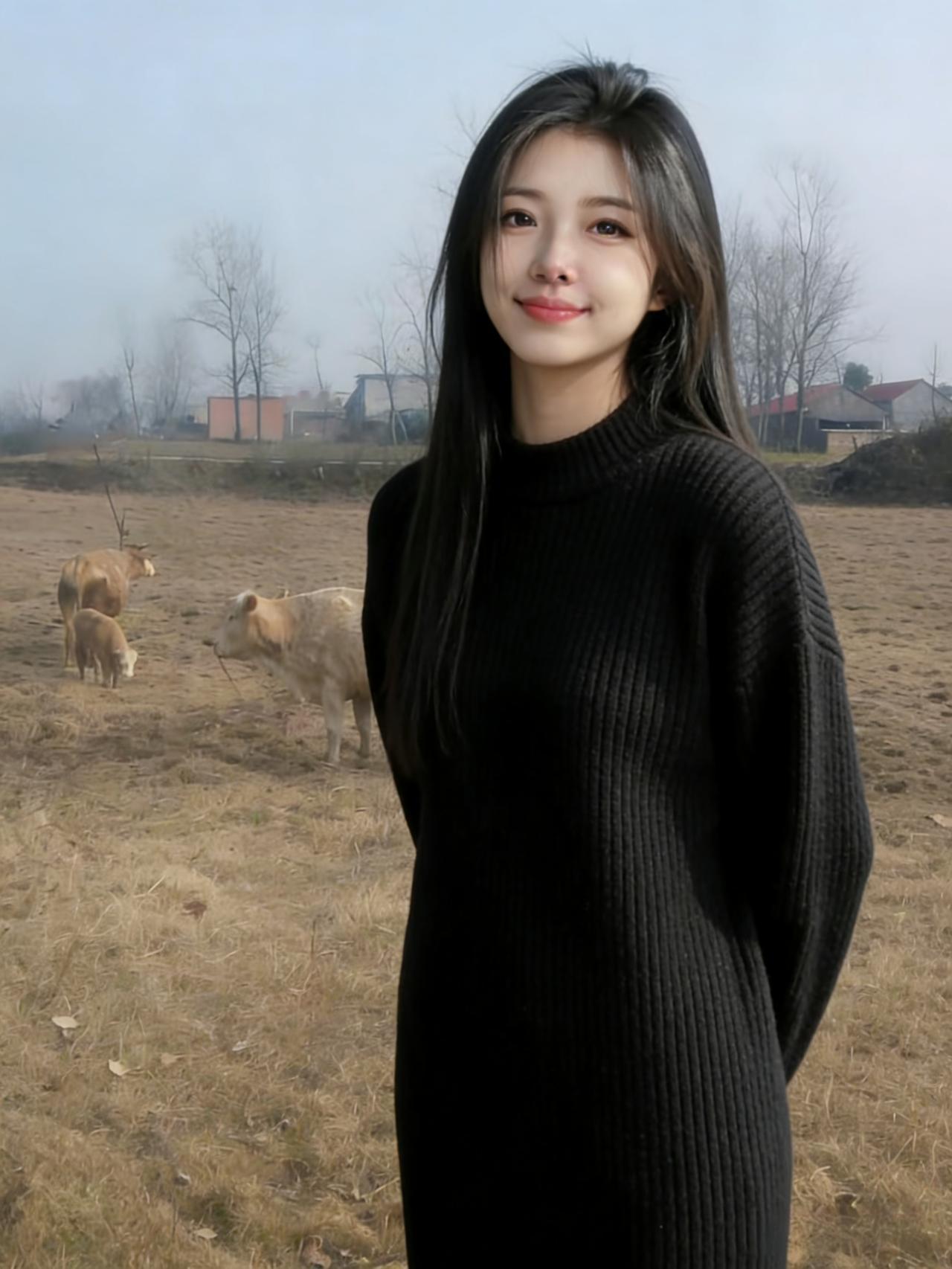 她把黑色织进风里
在冬草泛黄的田野站成一株安静的树
身后的牛群嚼着阳光
她的笑比