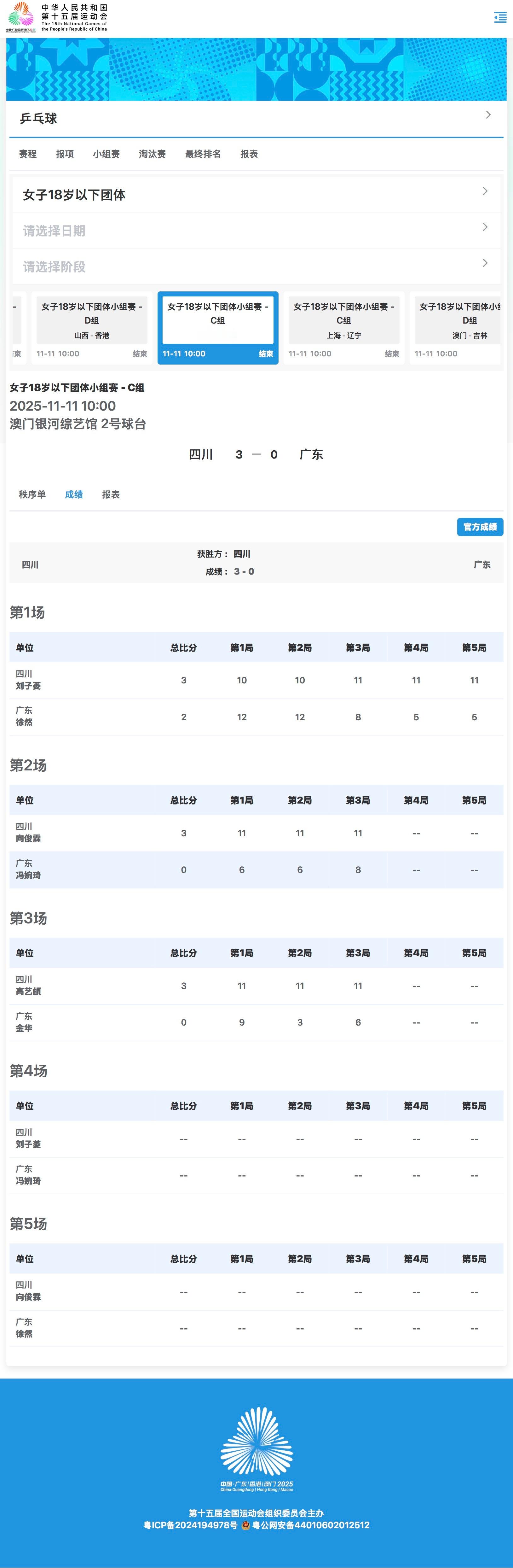 2025大湾区全运会U18女子团体C组四川3-0广东上海3-0辽宁C组 四川（1