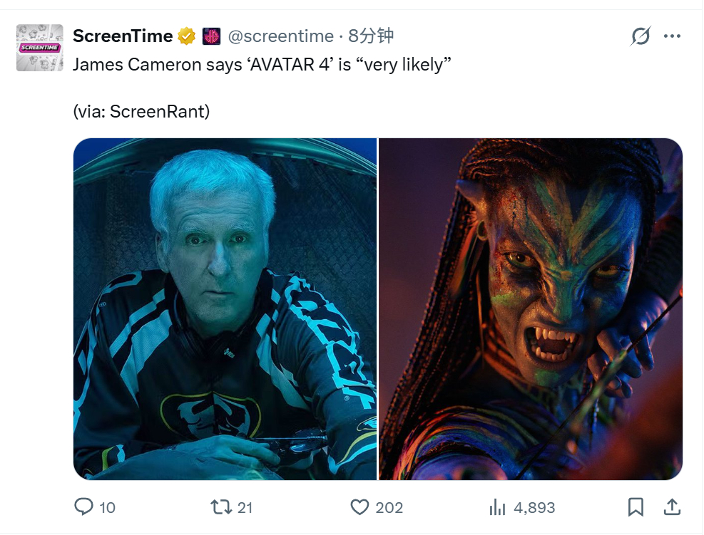 TNABO 詹姆斯·卡梅隆：《阿凡达4》非常有戏 