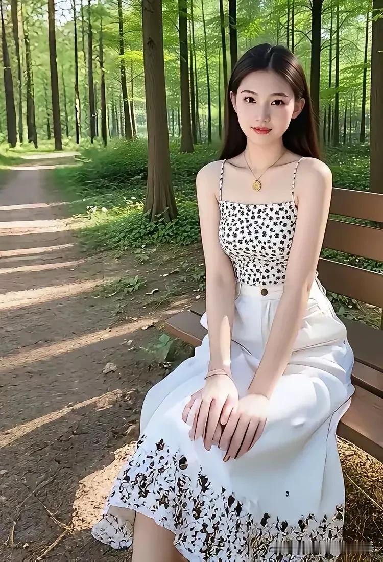 “林间坐美人，花影映长裙”，光这画面就美得让人窒息。想象在林间小径，一位知性优雅