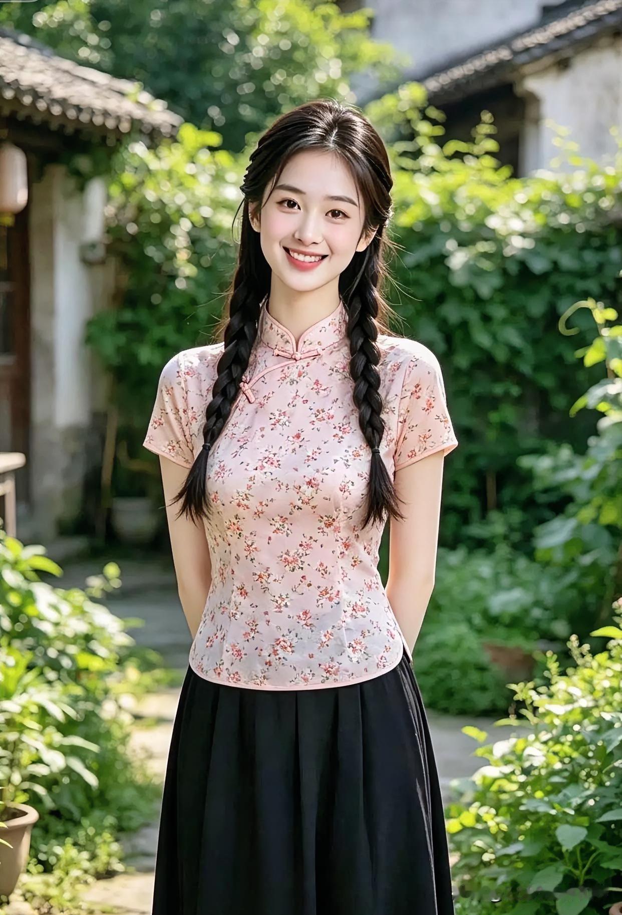 碎花旗袍上衣映衬着甜美笑靥，乌黑麻花辫垂落肩头。绿意盎然的庭院中，她静立如诗，将