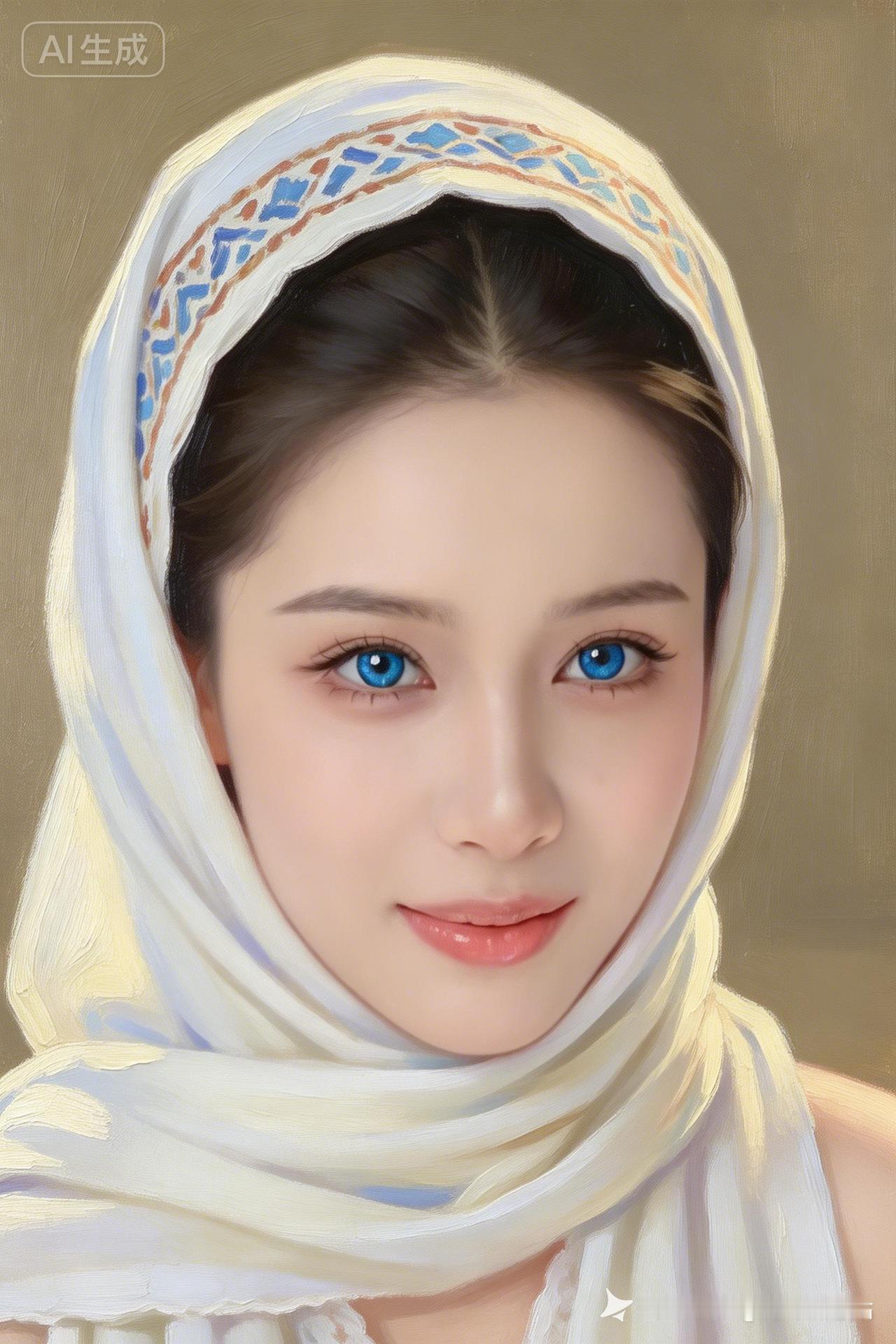 梦幻蓝眼睛少女，头巾飘逸，唯美如画