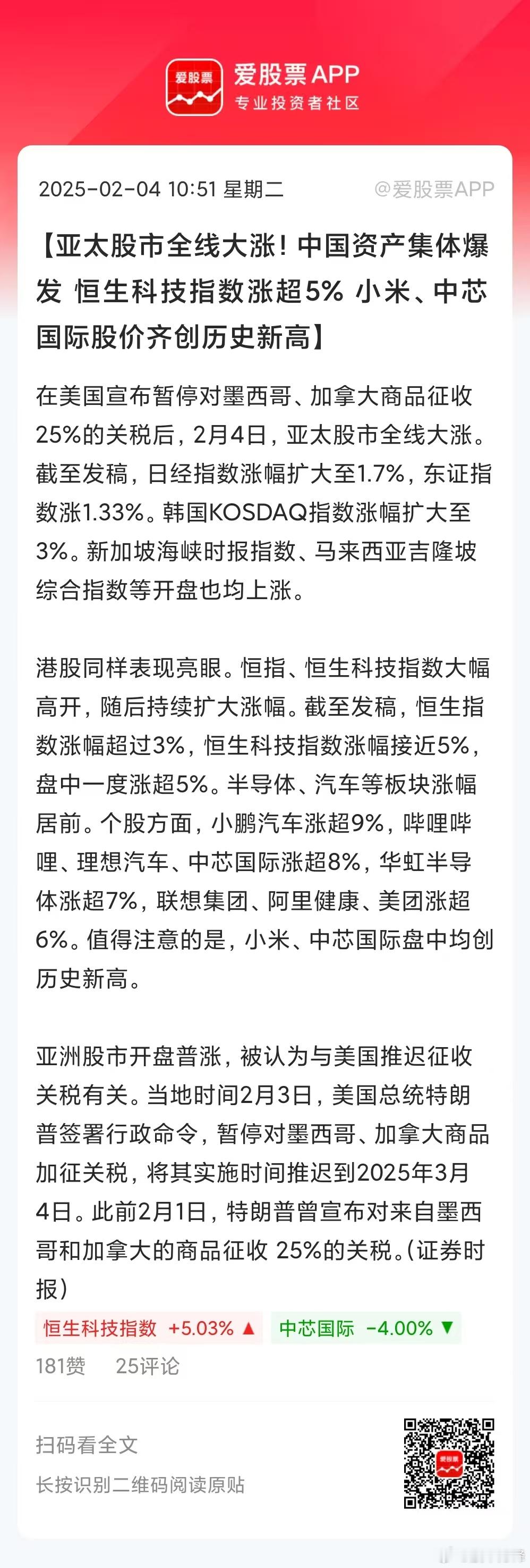 明天大A就要开盘了，今天港股上演狂飙，恒生指数大涨3%，恒生科技暴涨5%。中芯国