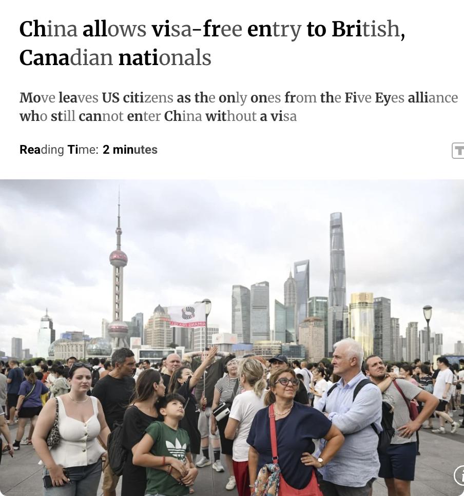 外媒：中国宣布自2月20日起至年底，对英国和加拿大公民实施免签政策，允许他们在中