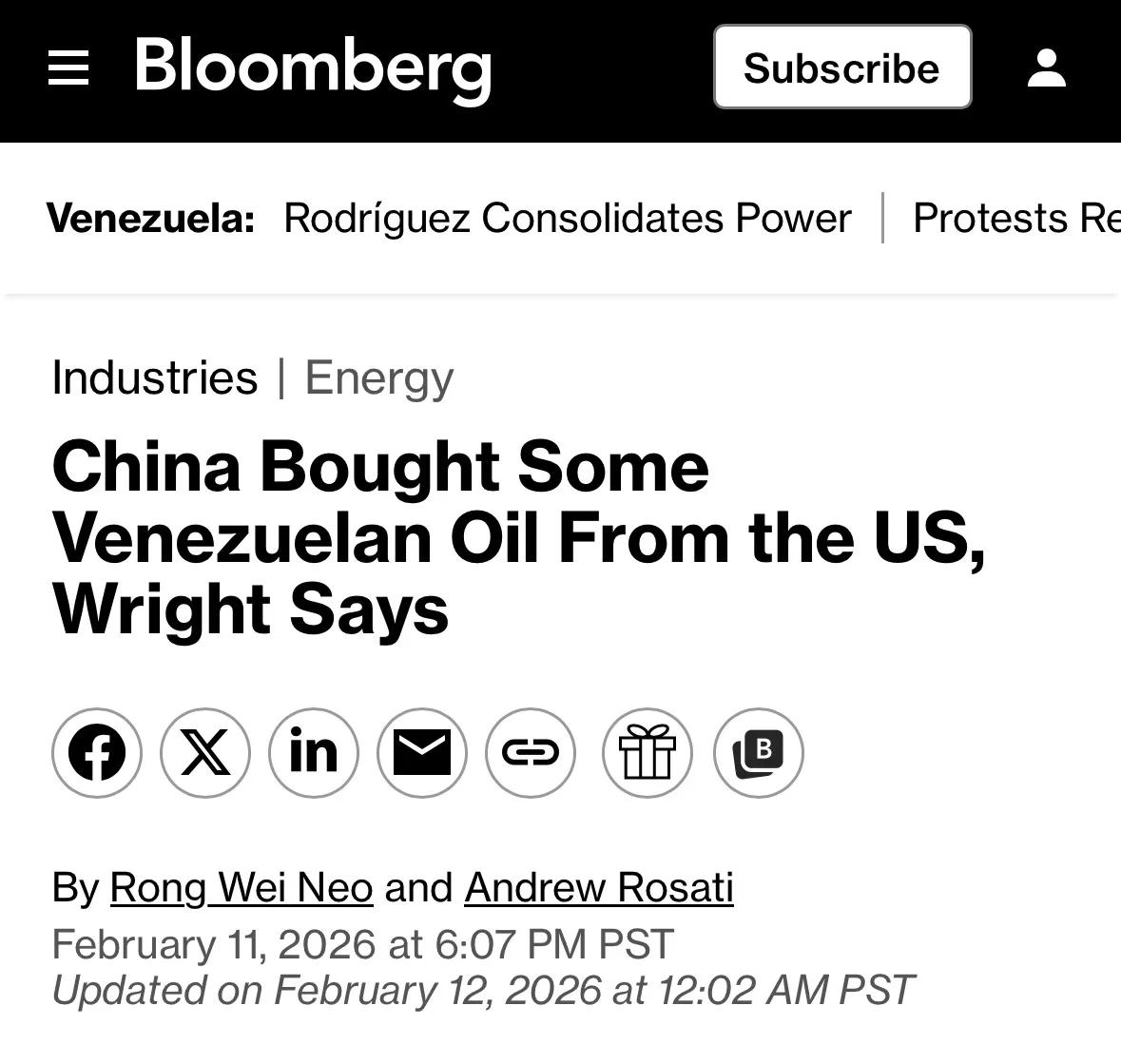 据彭博社，美国能源部长赖特2月11日在委内瑞拉首都加拉加斯与媒体举行的圆桌会议上