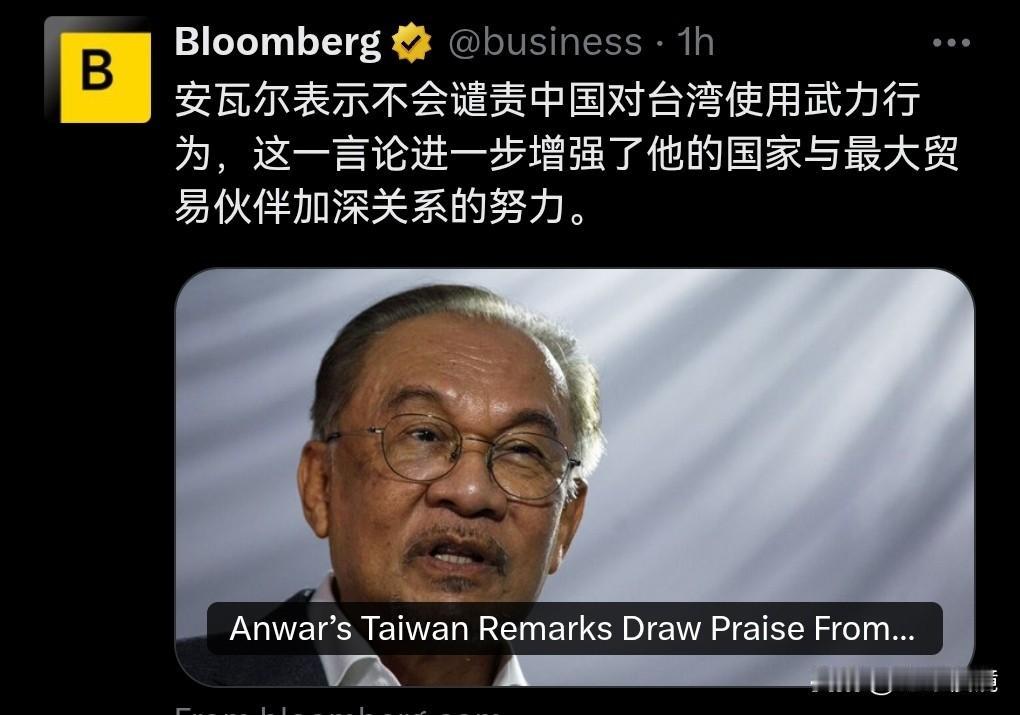 马来西亚首相安华表示，他相信台湾是中国的一部分，并支持必要时通过武力实现中国大陆