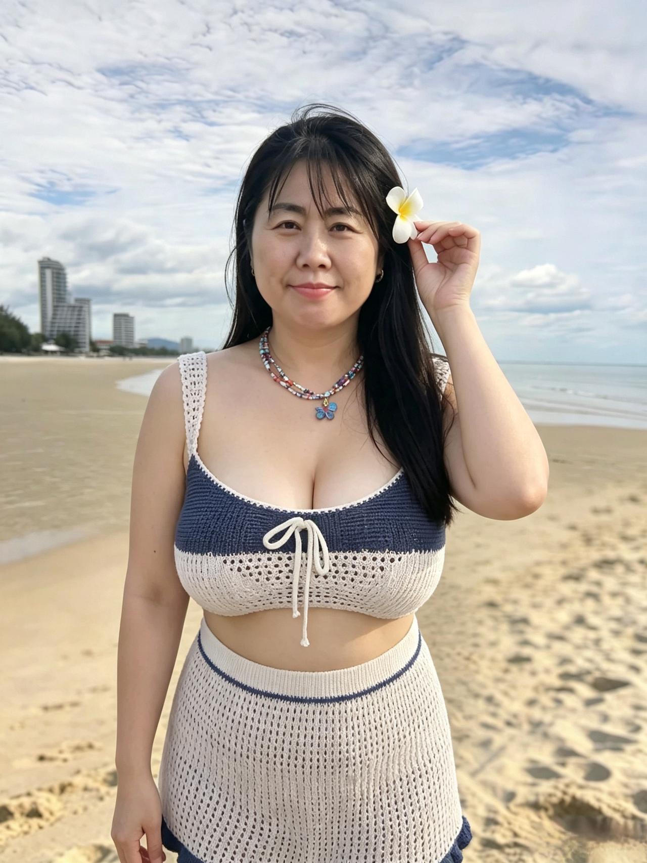 海风拂秀发，花缀鬓边柔。
浅笑烟波里，清姿碧海流。