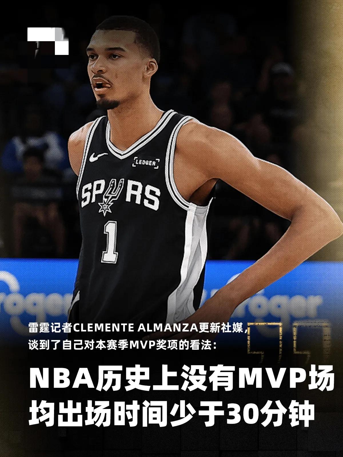 雷霆急了，让随队记者发文旨在打击文班：NBA历史上没有MVP场均出场时间少于30