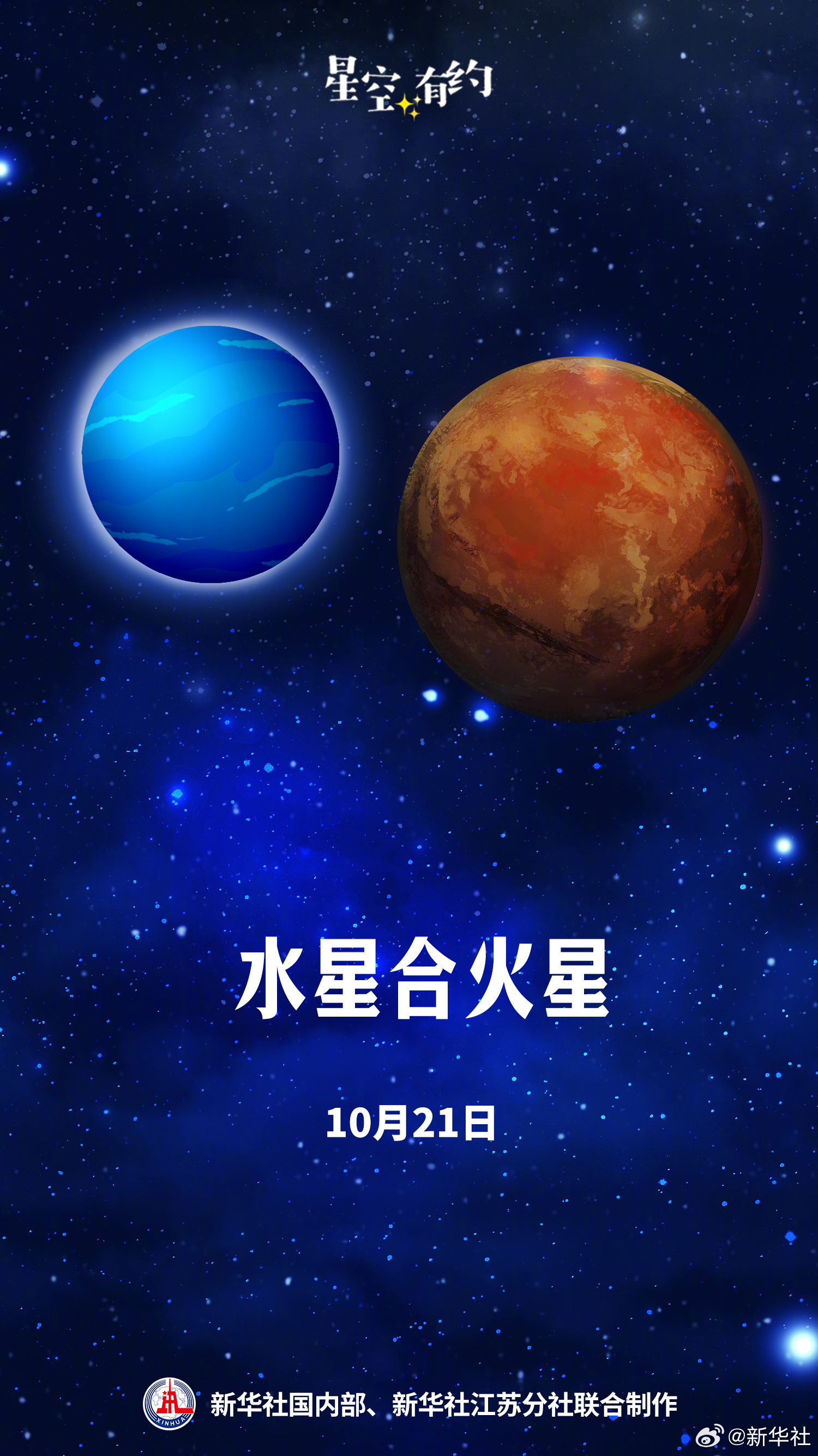 #星空有约#【#21日看水火之约#】10月21日将迎水星合火星。当天日落后，水、