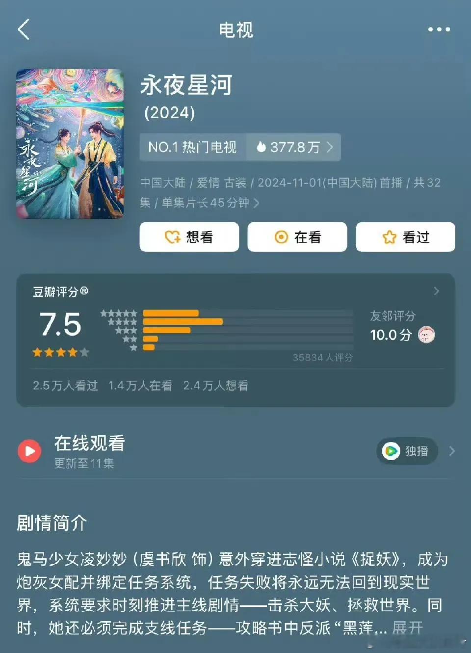 #永夜星河开分7.5#永夜星河豆瓣开分了，目前7.5分。在一众古偶中算是还不错的