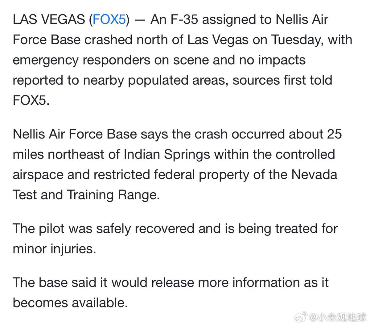 【快讯】刚刚，一架隶属于内利斯空军基地的F-35战机在拉斯维加斯北部坠毁，据福克