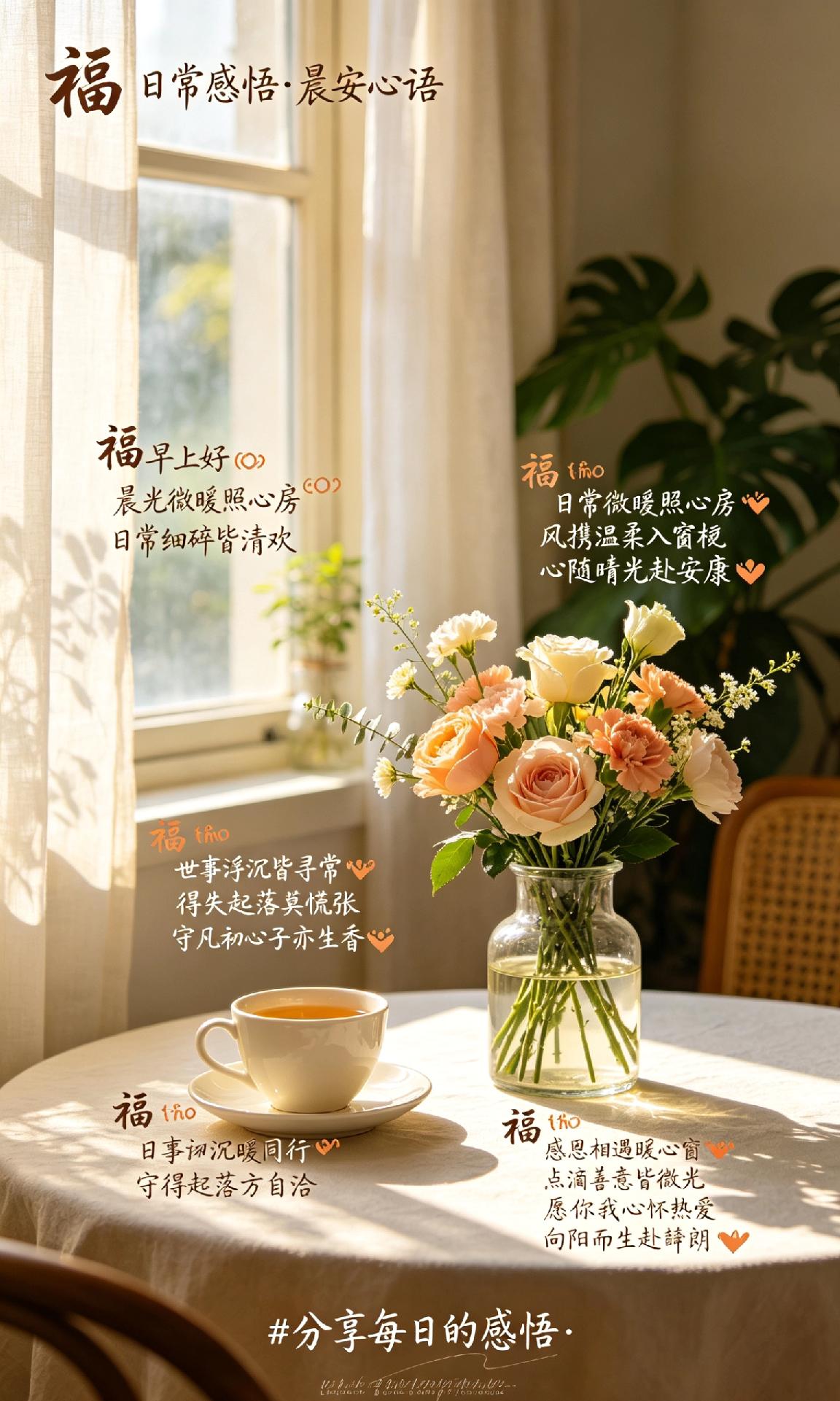 [玫瑰]日常感悟·晨安心语 [玫瑰]
 
早上好 🌹
晨光微暖照心房 ☀️
日