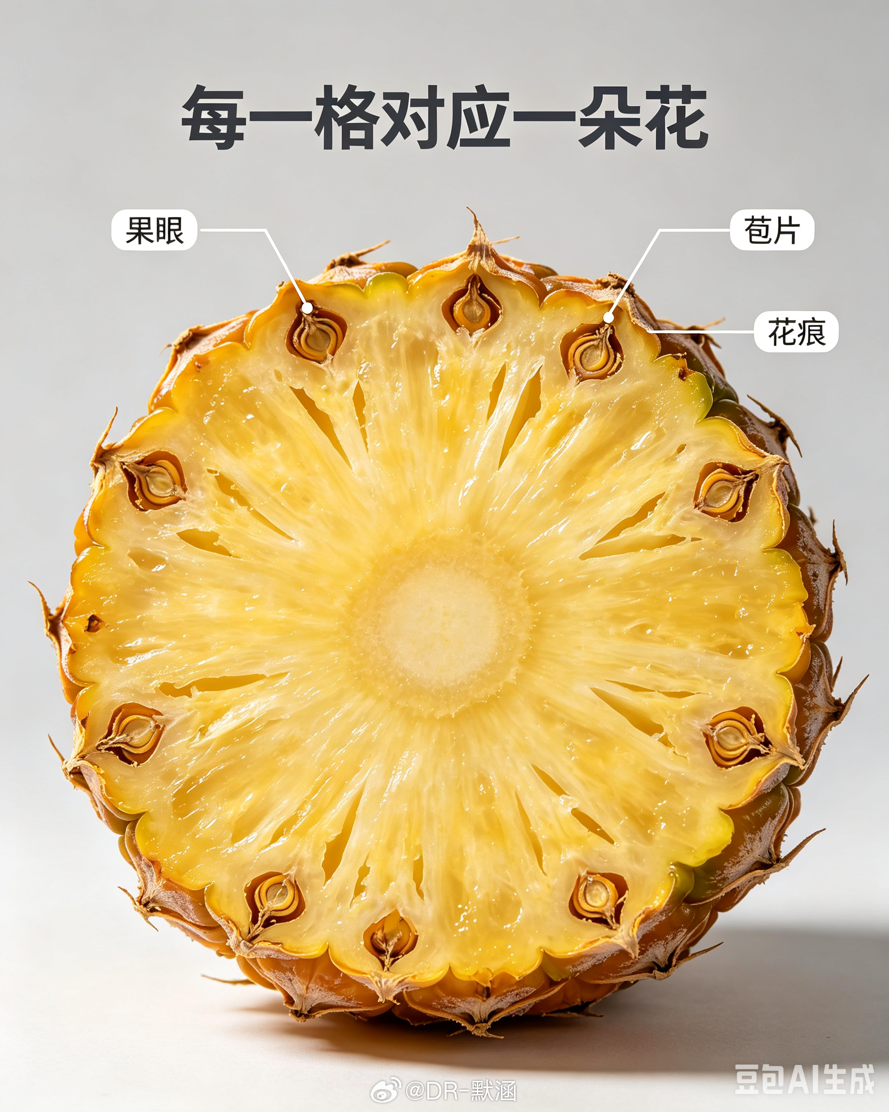 菠萝其实不是“一个”水果，而是一堆果实的合体：植物学上叫“聚合果”。我们吃的那个